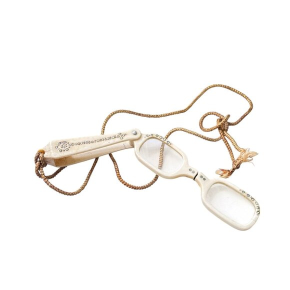 Antique Edwardian Rhinestone Lorgnette Opera Glasses Folding Handle with Case - Picture 3 of 10